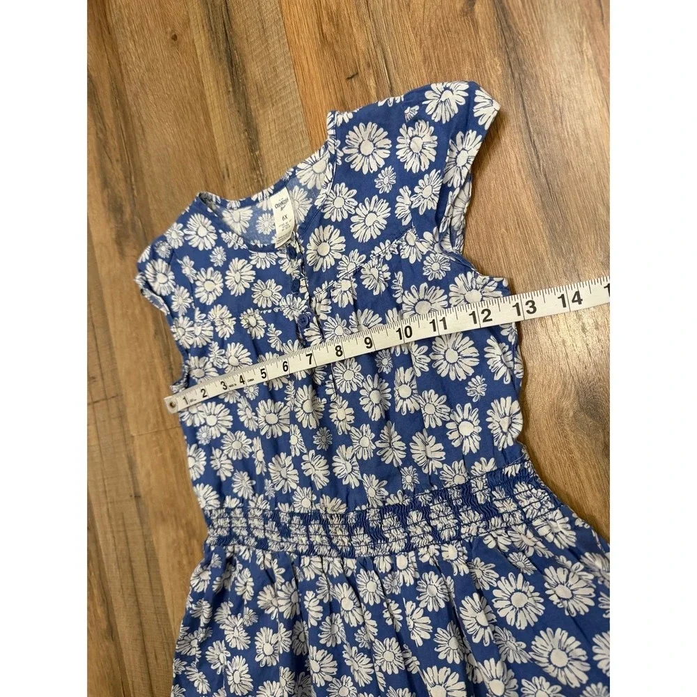 OshKosh B'gosh‎ Girls Blue Daisy Floral Dress Cotton Smocked Waist Size 6X